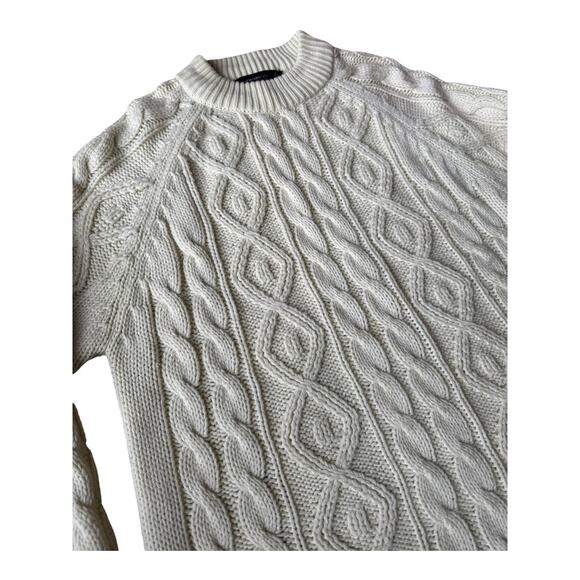 Vintage Macy’s Men’s Store Cable Knit Fisherman Sweater Cream 70s Taiwan L - Picture 7 of 14
